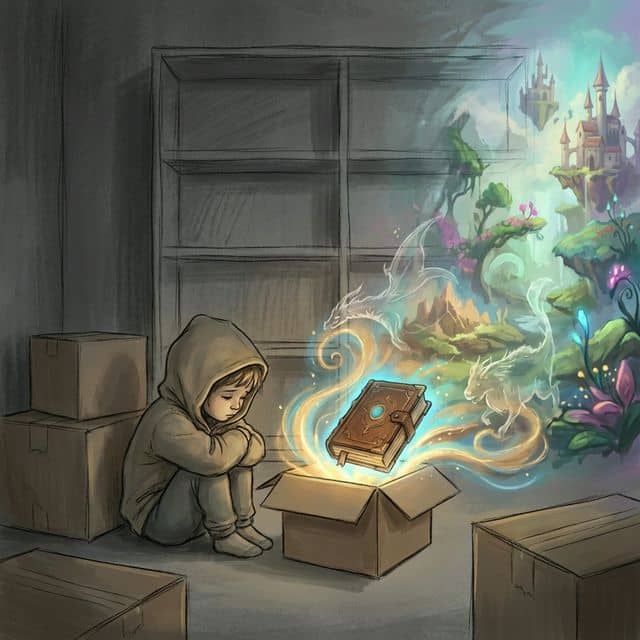 Child sitting among boxes with a glowing book opening a portal to a magical land