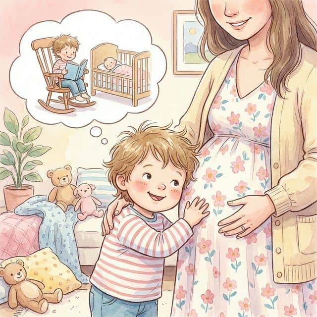 A young child pressing their ear against their mother's pregnant belly and smiling with a thought bubble showing them teaching a baby to read — representing preparing for a new sibling