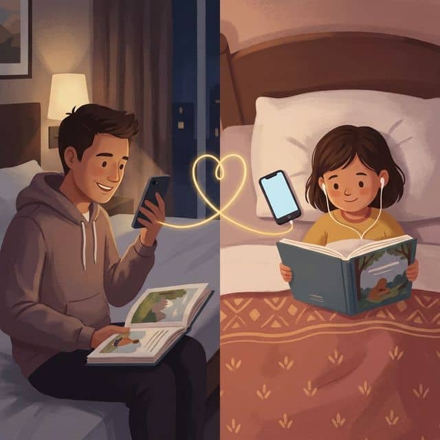 Split screen illustration showing a parent in a hotel room reading into a phone and a child in bed listening, connected by a magical heart string