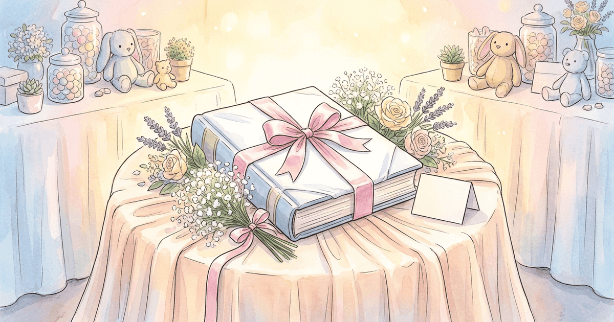 A beautifully wrapped personalized storybook as a baby shower gift, surrounded by soft nursery décor