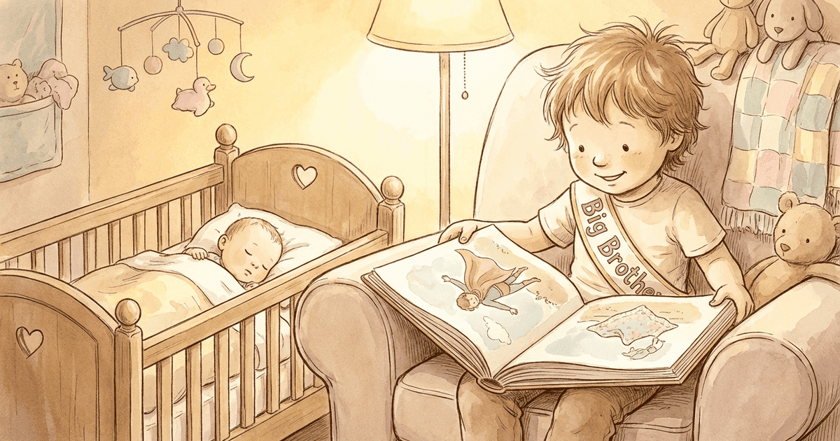 A young child holding a personalized big brother storybook, smiling proudly as they see themselves as the hero