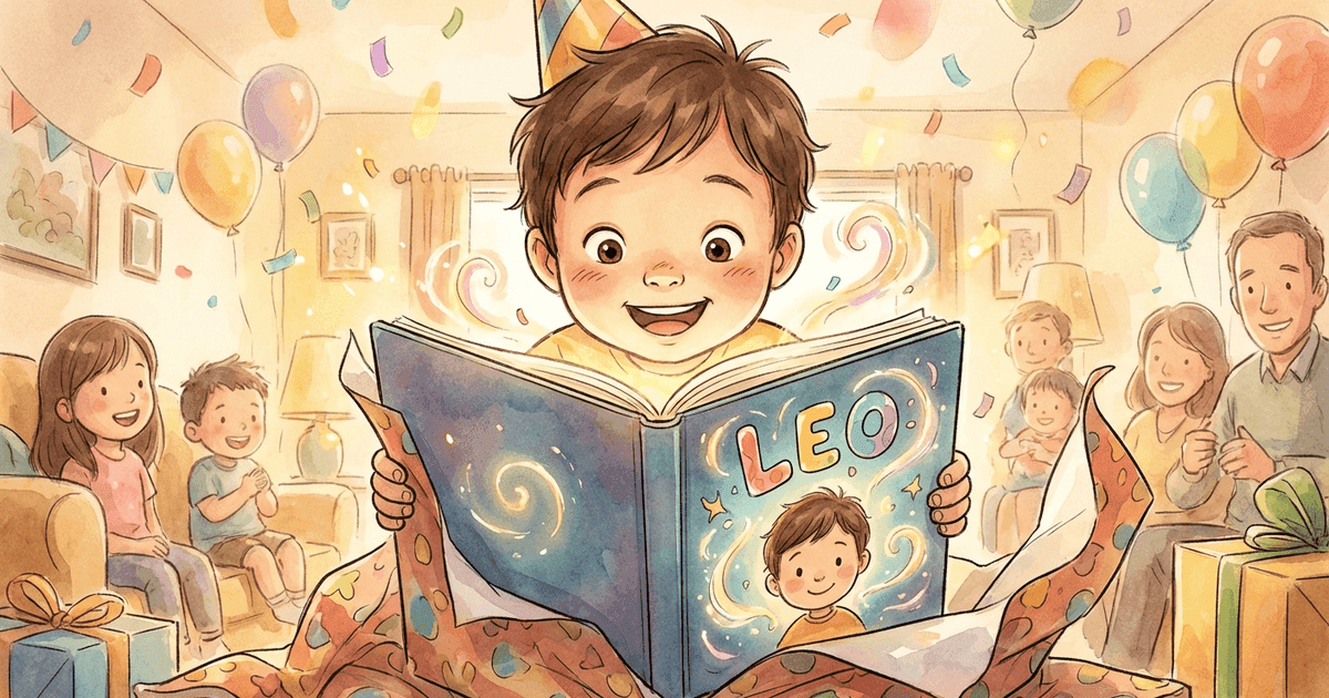 A child delighting at a personalized birthday storybook showing their illustrated face on the cover