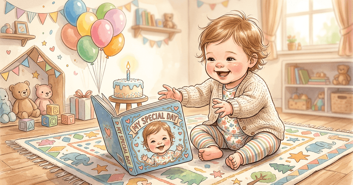 A 1-year-old toddler reaching for a personalized storybook with their face on the cover, birthday balloons in background