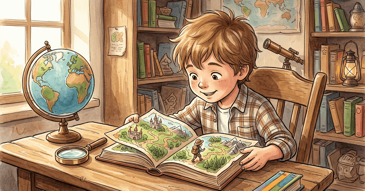 A 7-year-old child reading a personalized adventure storybook independently, sitting cross-legged with a look of concentration