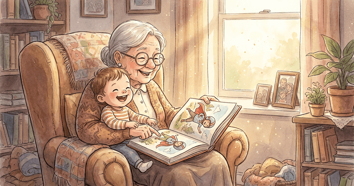 A grandmother reading a personalized storybook to her grandchild featuring the child as the hero