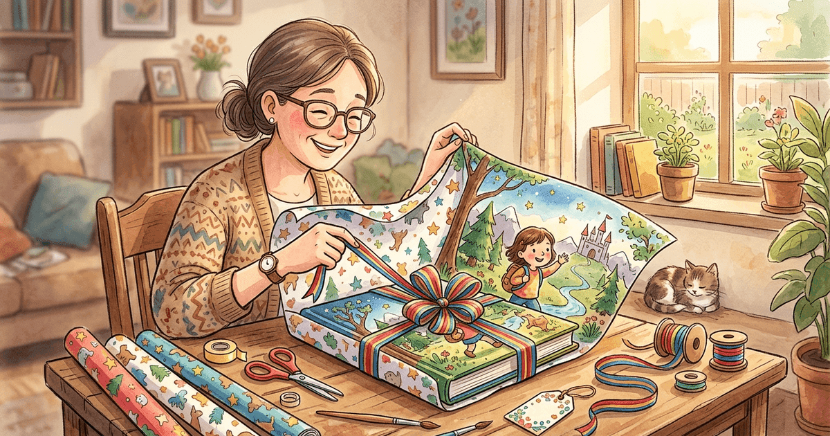 An aunt or uncle handing a wrapped personalized storybook to a delighted young child, with illustrated pages visible showing the child as the main character