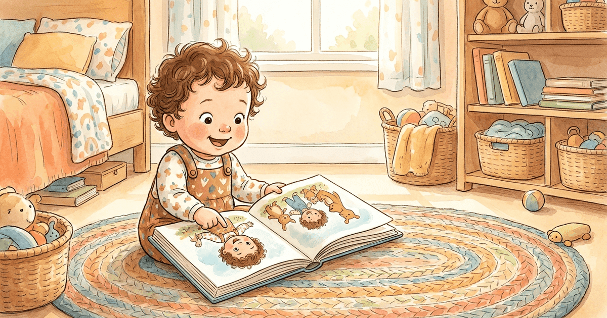 A toddler looking with delight at a personalized picture book featuring their own face as the main character