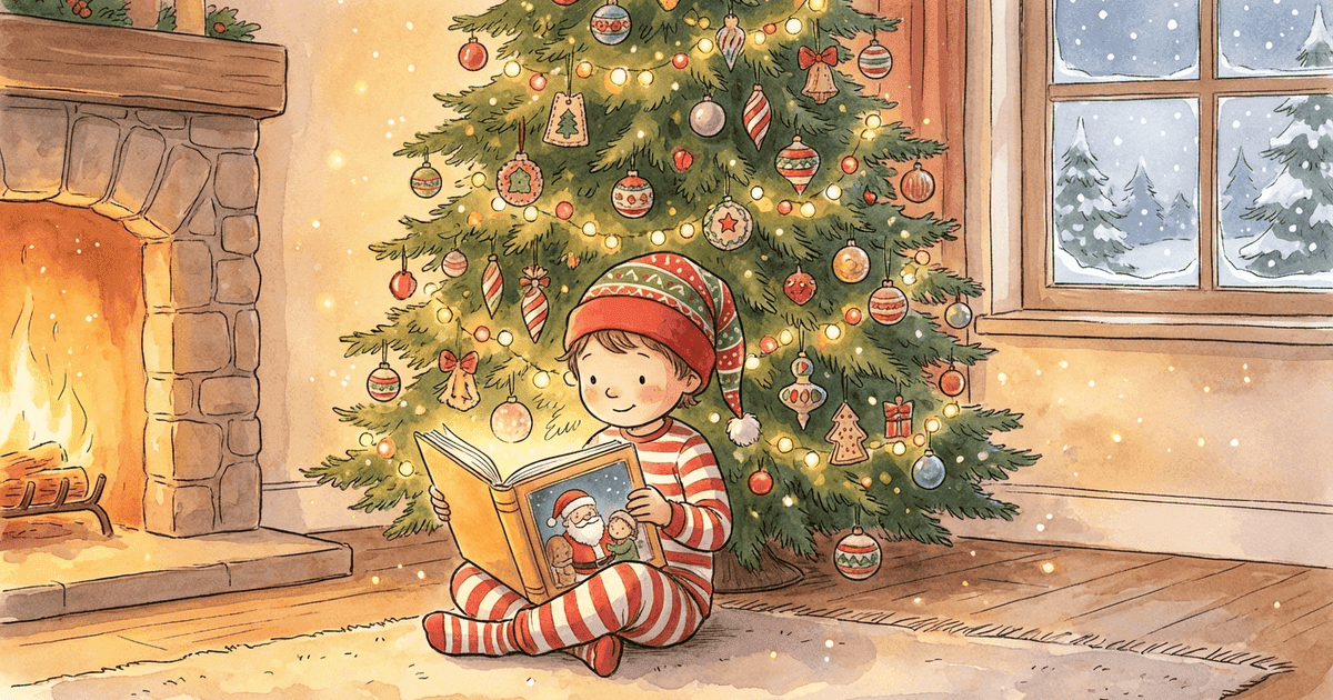 A child reading a personalized Christmas storybook by the fireplace, with their own face illustrated on the cover