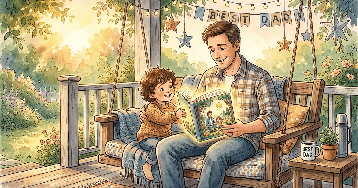 A father reading a personalized storybook with his young child on his lap, both smiling at illustrations featuring the child as the hero