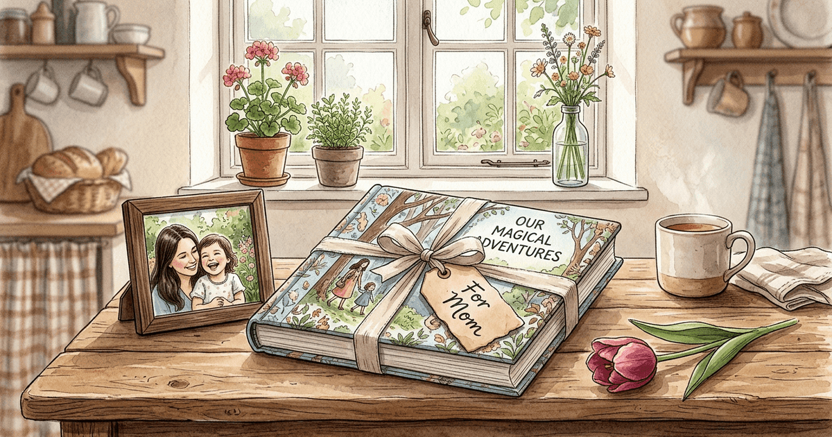 A personalized storybook gift for mom from her child, wrapped with a hand-written note on a warm wooden surface