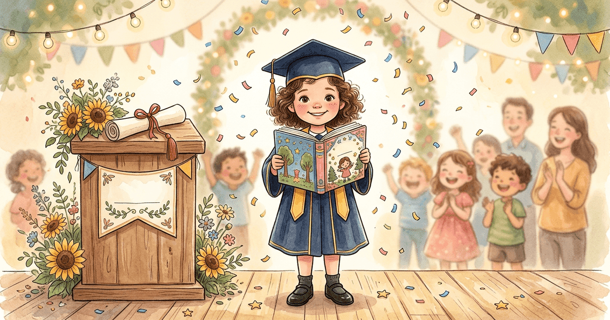 A young child in a miniature graduation cap and gown holding a personalized storybook with their illustrated face on the cover, looking proud