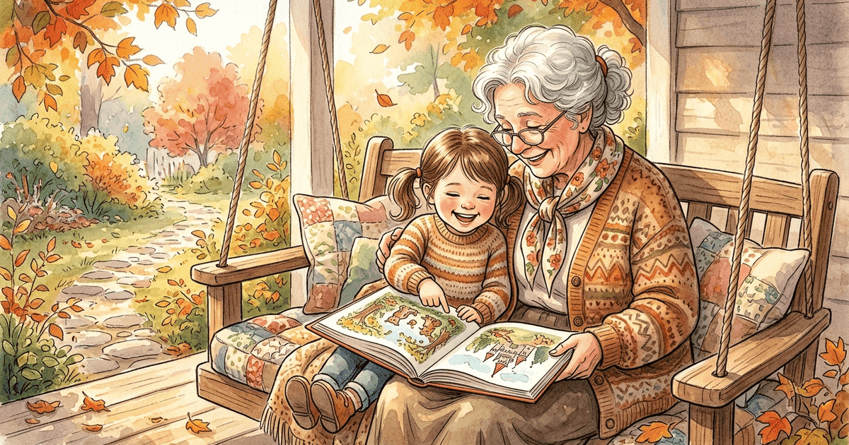 A grandmother and grandchild reading a personalized storybook together on a sunlit porch