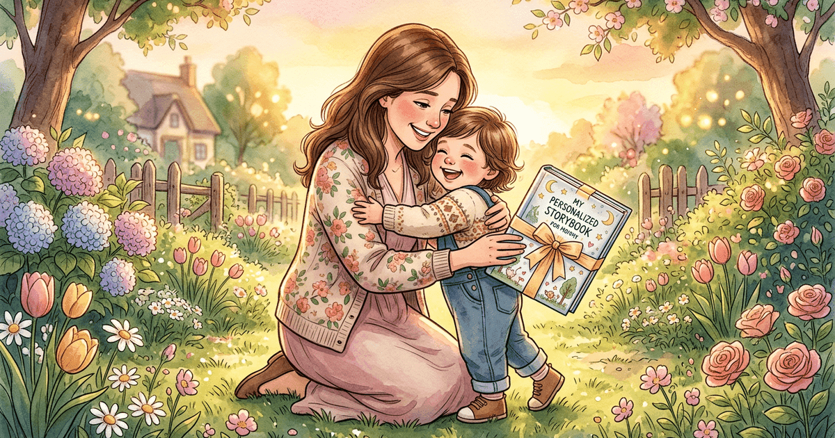 A mother and child reading a personalized storybook together with spring flowers and warm lighting