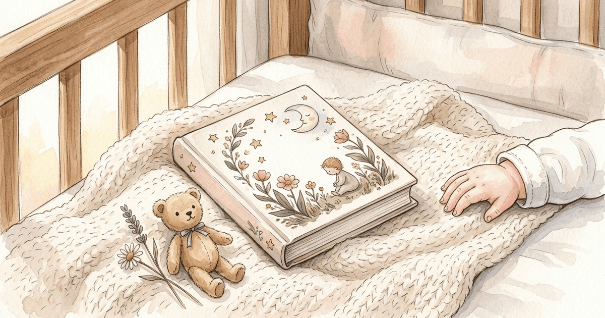 A personalized keepsake storybook for a newborn, on a crib blanket beside a sleeping baby's hand