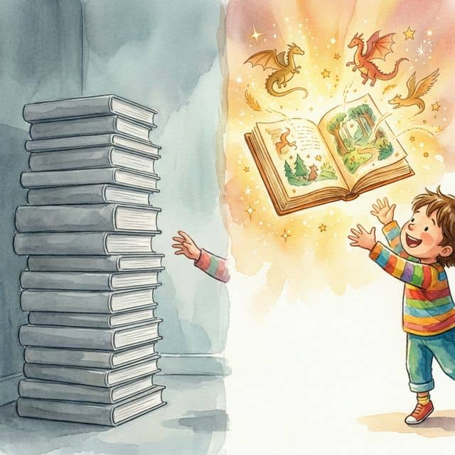 A split illustration: on the left a stack of identical grey books, on the right a single glowing magical personalized book with a child reaching for it — comparing personalized vs traditional books
