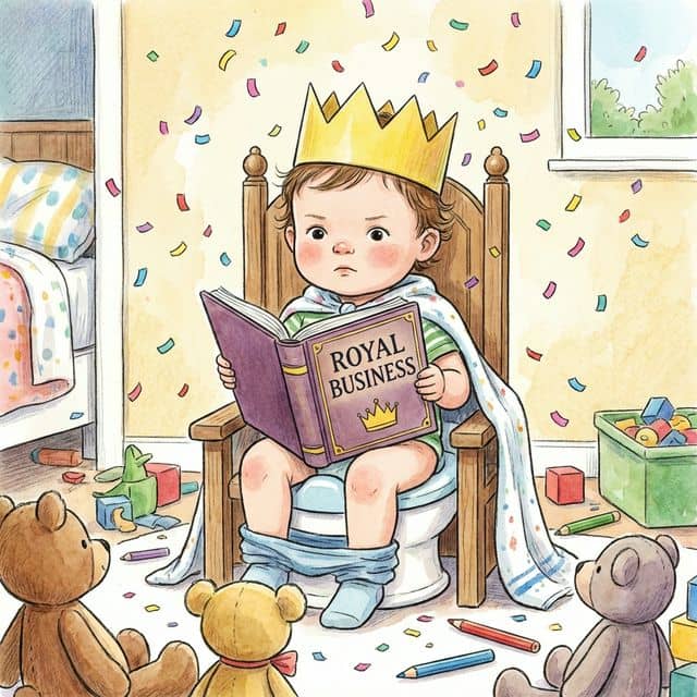 Toddler sitting on a potty like a king on a throne, with confetti and a book, showing potty training success