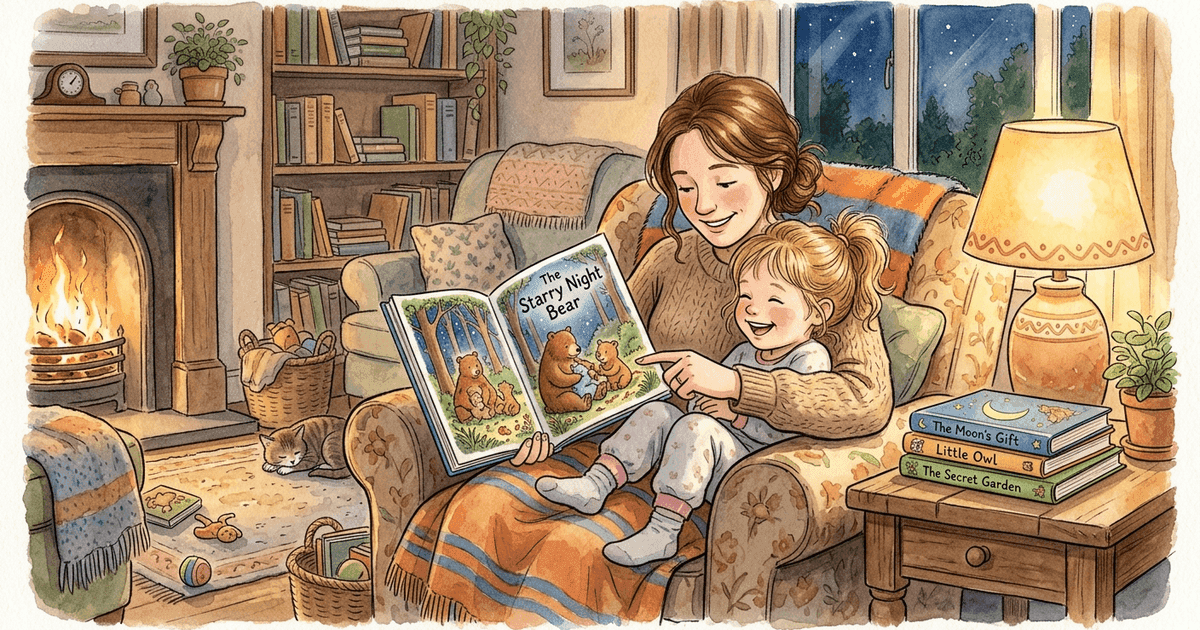 A parent reading a picture book aloud to a young child curled up on their lap, both smiling at the illustrations in warm evening light