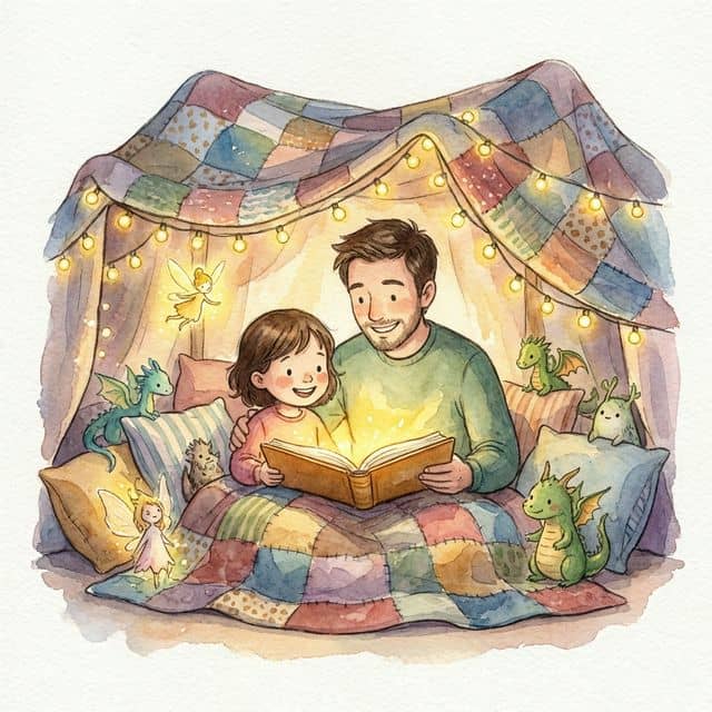 Parent and child enjoying magical bedtime reading ritual with cozy atmosphere