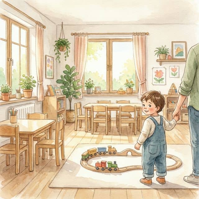 Watercolor illustration of a child entering a bright, welcoming preschool classroom holding a parent's hand