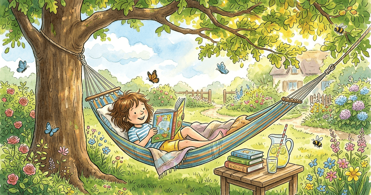 A child reading a personalized storybook under a tree on a sunny summer day, surrounded by a stack of colorful books