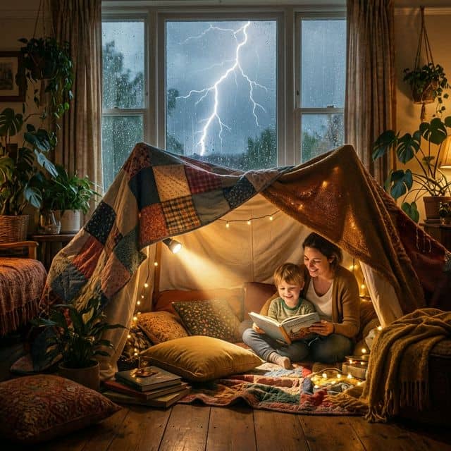 View of lightning from a window while a parent and child read safely in a blanket fort