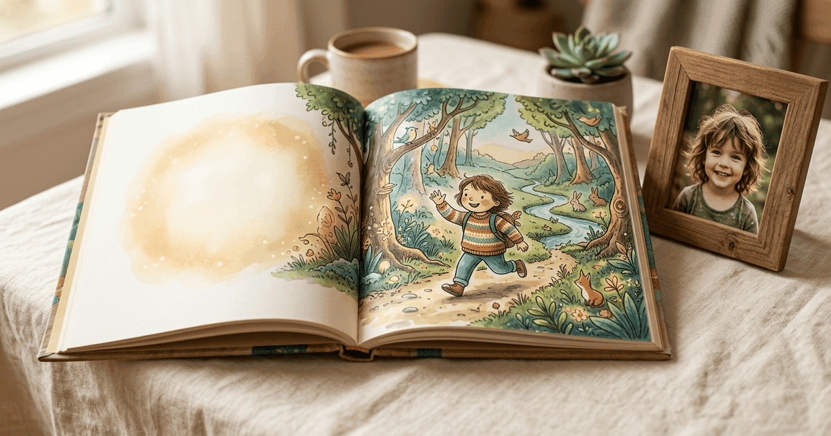 An open personalized children's book on a table with a child's name on the cover and the child as the illustrated hero