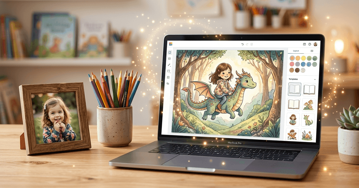 A laptop screen showing a personalized picture book builder with a child's photo being added to the cover