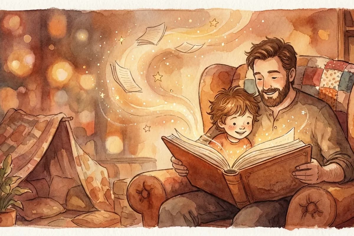 Parent and child reading a magical storybook together