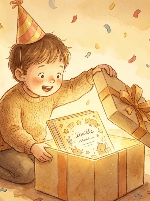 Child opening a birthday storybook gift