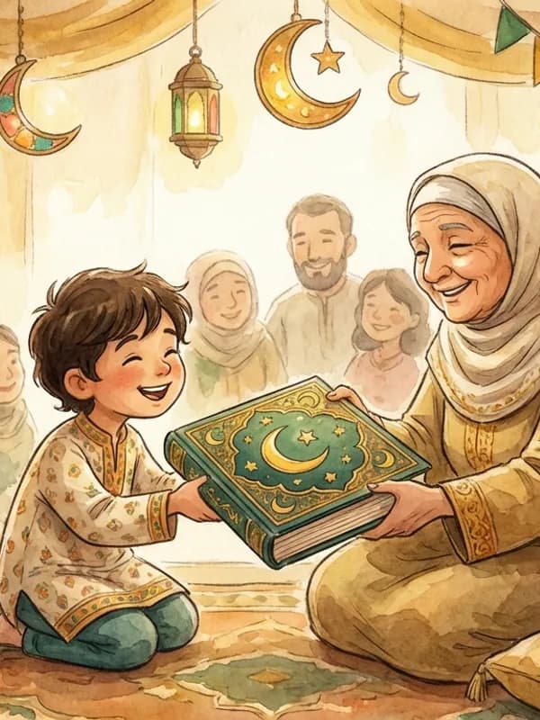 Child receiving storybook during Eid celebration