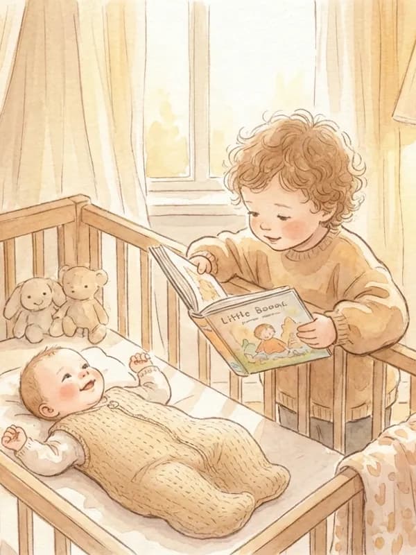 Child showing storybook to baby sibling
