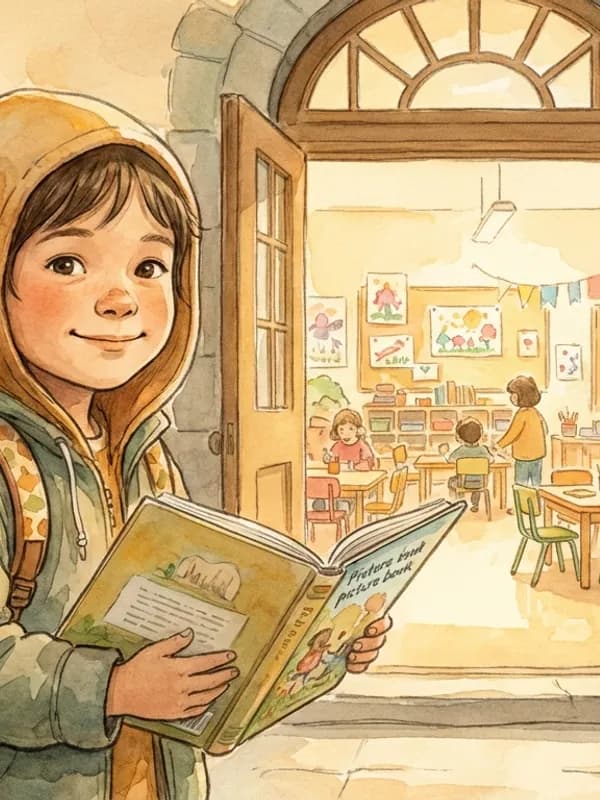 Child with storybook at school entrance