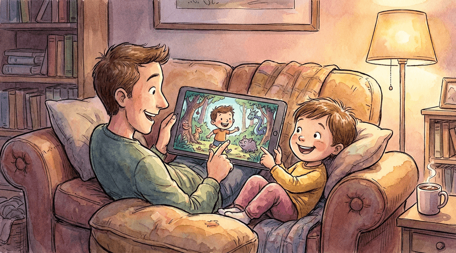 Parent and child creating a personalized book together