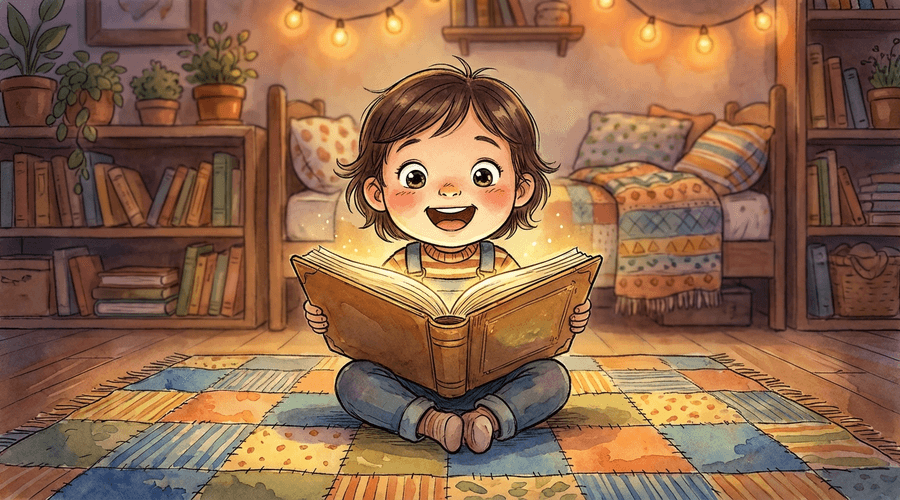 Child reading a personalized book and feeling like the hero